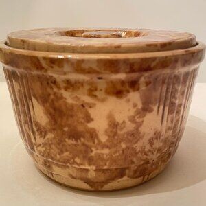 Yellow Ware Container Pot w/ Lid Bennington Rockingham Pottery Brown Sponge Ware
